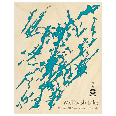 Bathymetric topo map of McTavish Lake  with roads, towns and depths noted in blue water