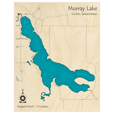 Bathymetric topo map of Murray Lake with roads, towns and depths noted in blue water