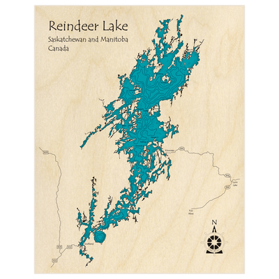 Bathymetric topo map of Reindeer Lake with roads, towns and depths noted in blue water