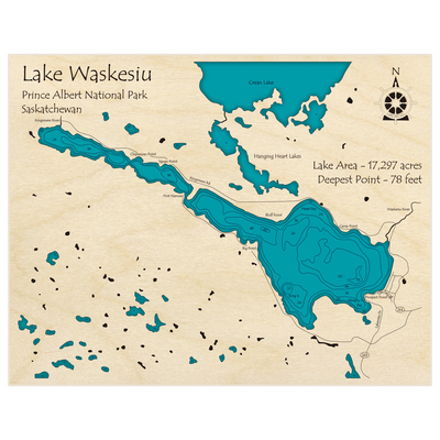 Bathymetric topo map of Lake Waskesiu with roads, towns and depths noted in blue water