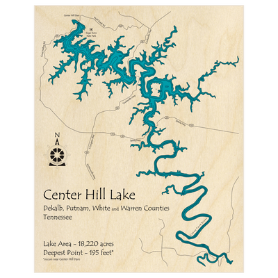 Bathymetric topo map of Center Hill Lake with roads, towns and depths noted in blue water