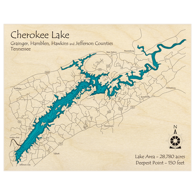 Bathymetric topo map of Cherokee Lake with roads, towns and depths noted in blue water