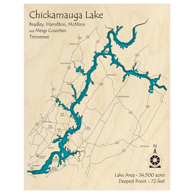 Bathymetric topo map of Chickamauga Lake with roads, towns and depths noted in blue water