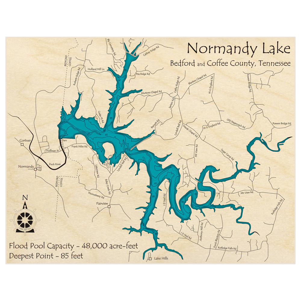 Bathymetric topo map of Normandy Lake with roads, towns and depths noted in blue water