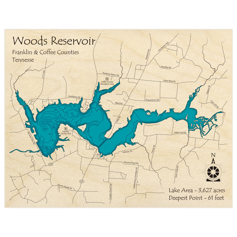 Woods Reservoir 3D Custom Wood Map – Lake Art LLC