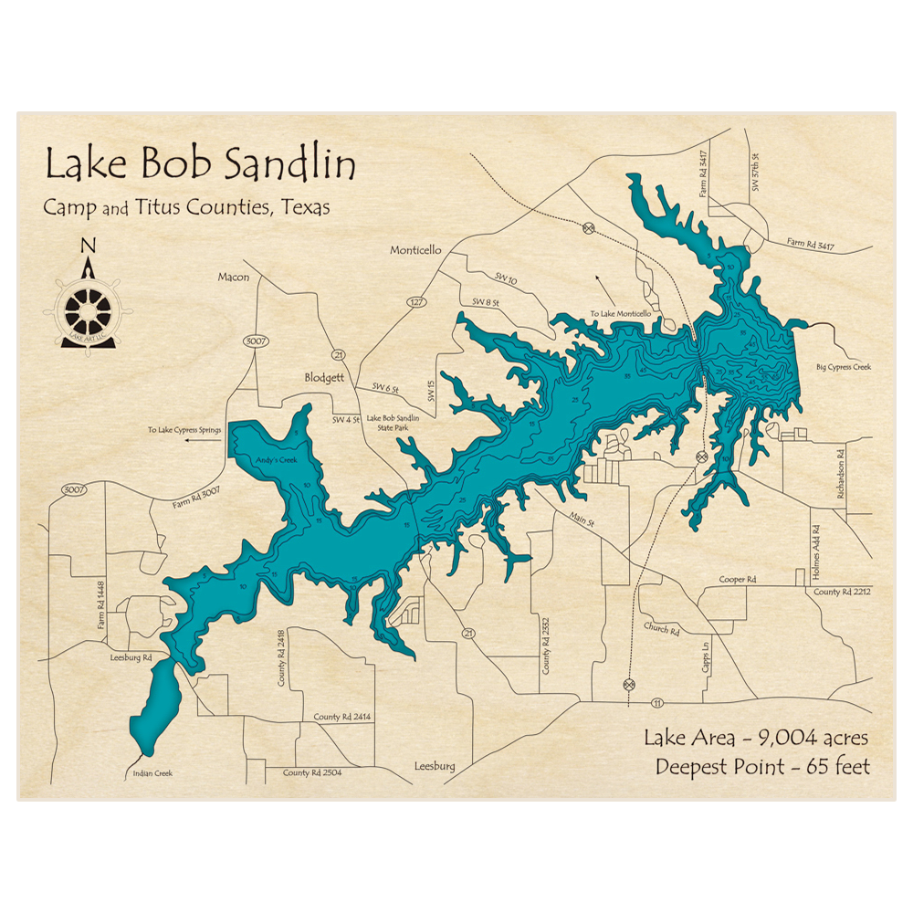 Lake Bob Sandlin 3D Custom Wood Map – Lake Art LLC