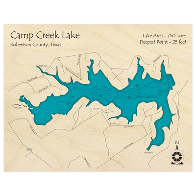 Bathymetric topo map of Camp Creek Lake with roads, towns and depths noted in blue water