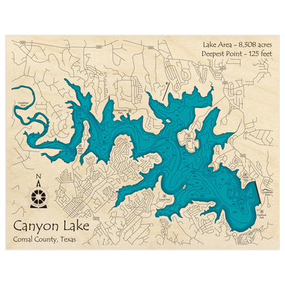 Bathymetric topo map of Canyon Lake with roads, towns and depths noted in blue water