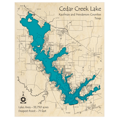 Bathymetric topo map of Cedar Creek Lake with roads, towns and depths noted in blue water