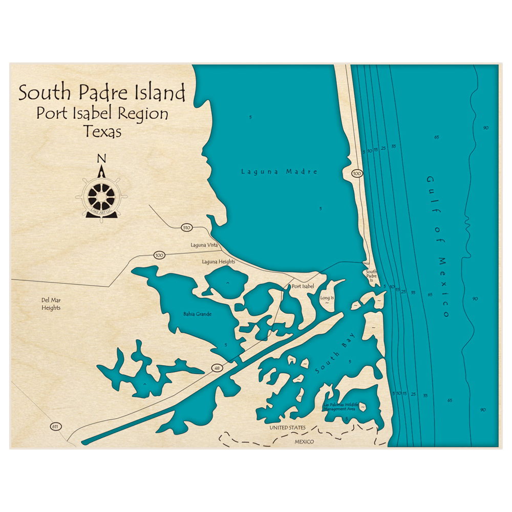 Bathymetric topo map of South Padre Island (Port Isabel Region) with roads, towns and depths noted in blue water