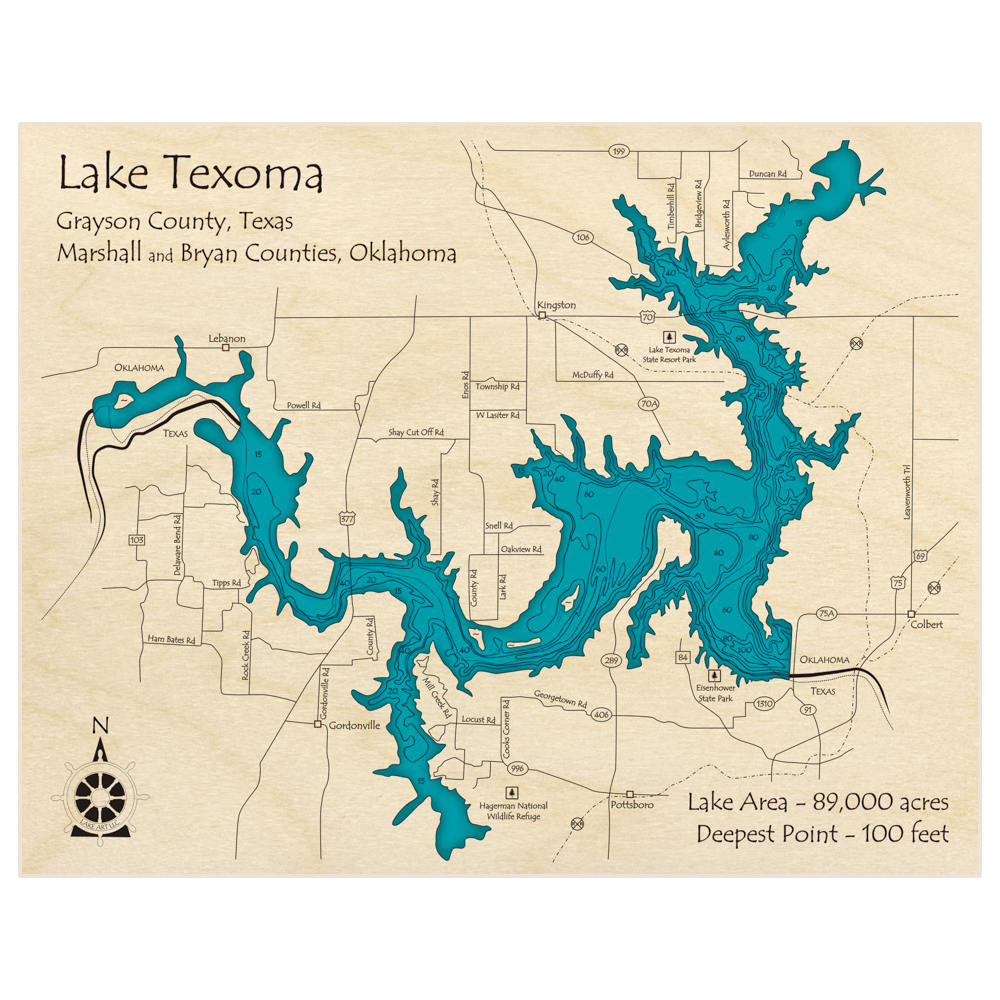 Lake Texoma 3D Custom Wood Map – Lake Art LLC