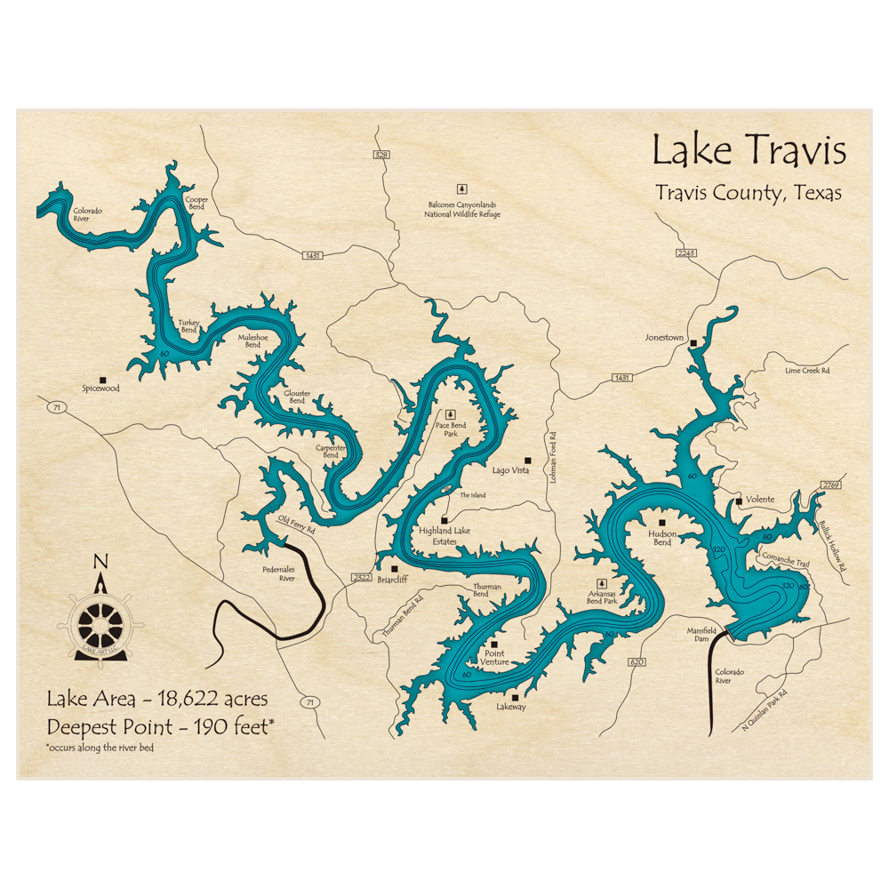 Lake Travis 3D Custom Wood Map Lake Art LLC