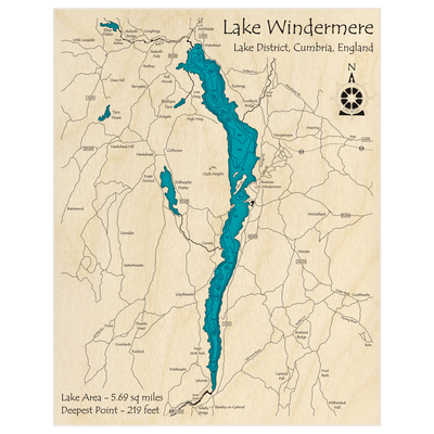 Bathymetric topo map of Lake Windermere with roads, towns and depths noted in blue water