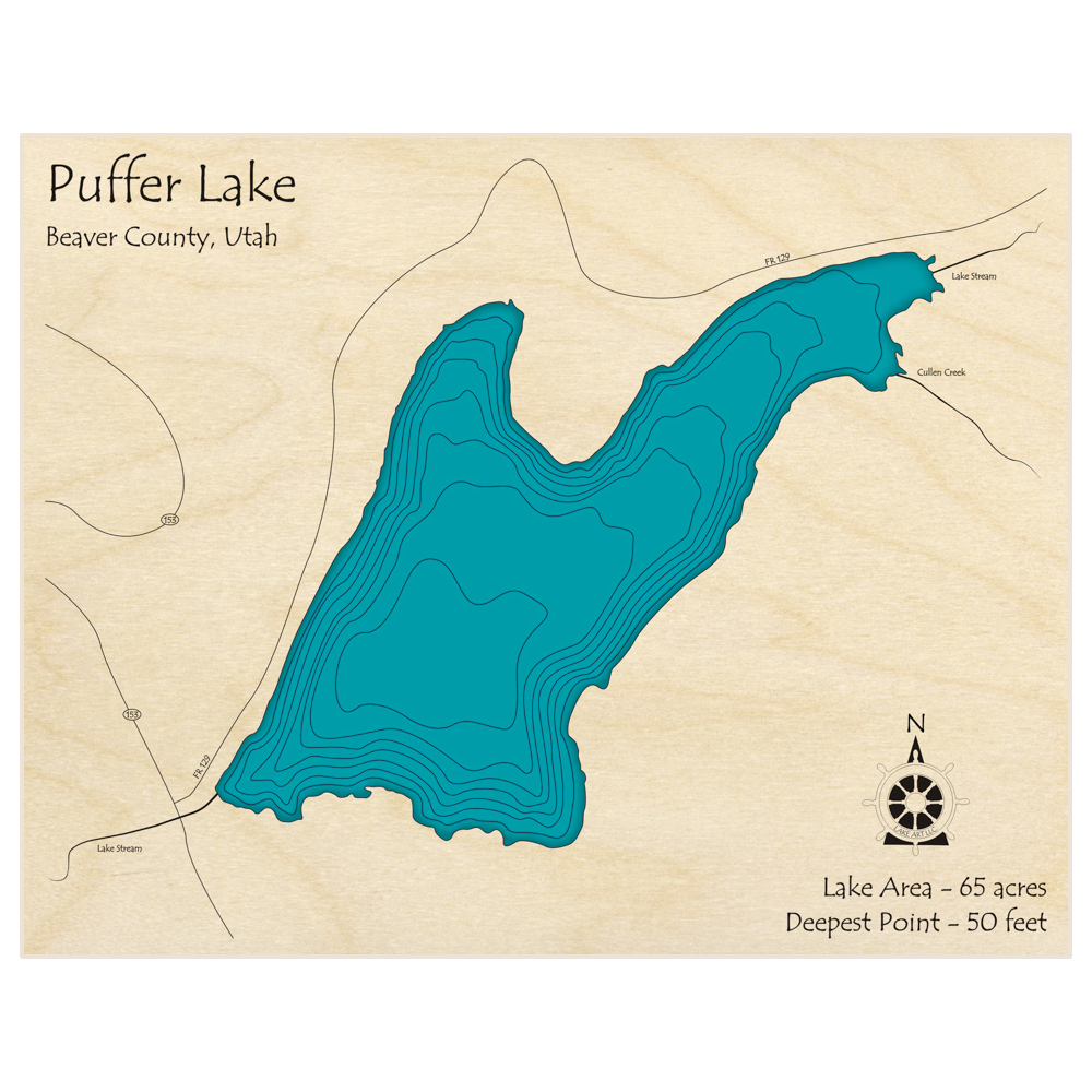 Bathymetric topo map of Puffer Lake  with roads, towns and depths noted in blue water