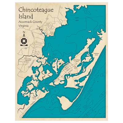 Bathymetric topo map of Chincoteague Island with roads, towns and depths noted in blue water