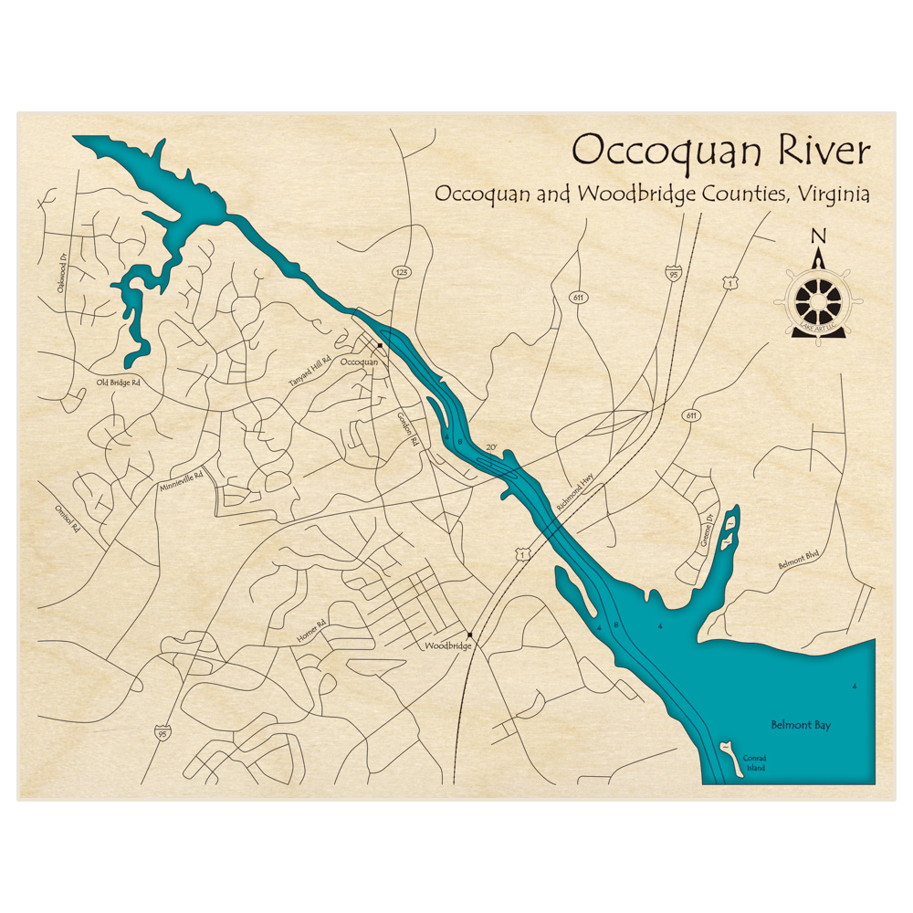 Bathymetric topo map of Occoquan River (Occoquan to Woodbridge) with roads, towns and depths noted in blue water