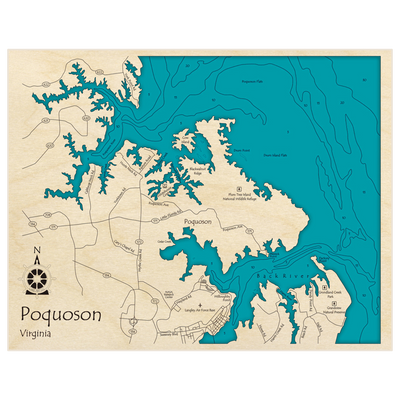 Bathymetric topo map of Chesapeake Bay (Near Poquoson) with roads, towns and depths noted in blue water