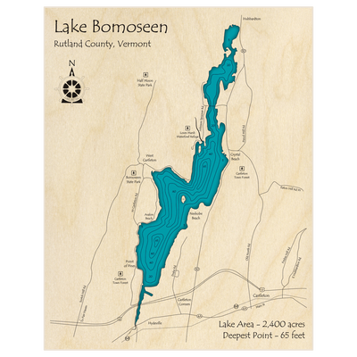 Bathymetric topo map of Lake Bomoseen with roads, towns and depths noted in blue water