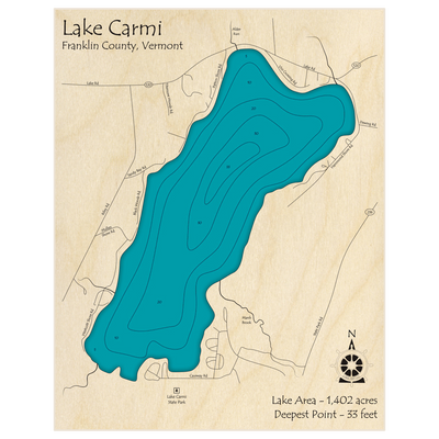 Bathymetric topo map of Lake Carmi with roads, towns and depths noted in blue water