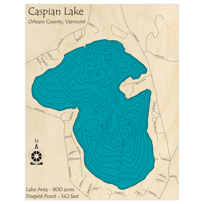 Bathymetric topo map of Caspian Lake with roads, towns and depths noted in blue water