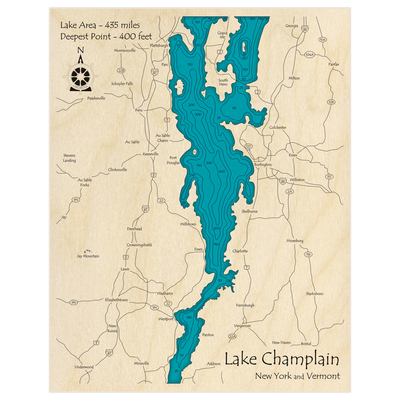 Bathymetric topo map of Lake Champlain (From Plattsburgh to Addison) with roads, towns and depths noted in blue water