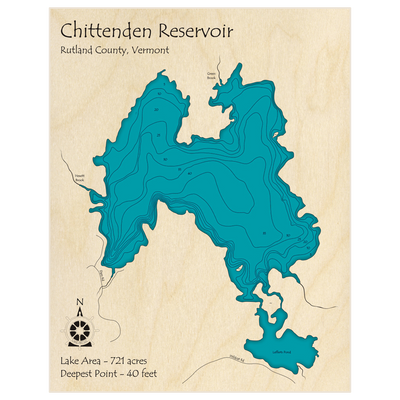 Bathymetric topo map of Chittenden Reservoir with roads, towns and depths noted in blue water