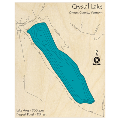 Bathymetric topo map of Crystal Lake with roads, towns and depths noted in blue water