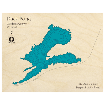 Bathymetric topo map of Duck Pond with roads, towns and depths noted in blue water