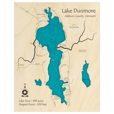 Bathymetric topo map of Lake Dunmore with roads, towns and depths noted in blue water