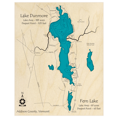 Bathymetric topo map of Lake Dunmore and Fern Lake with roads, towns and depths noted in blue water