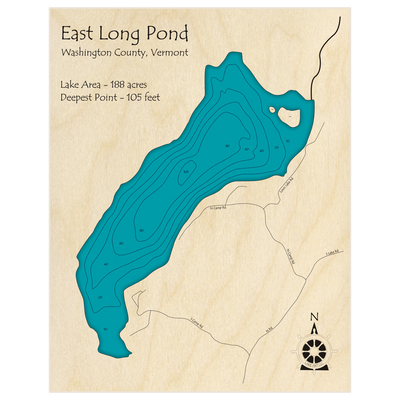 Bathymetric topo map of East Long Pond with roads, towns and depths noted in blue water