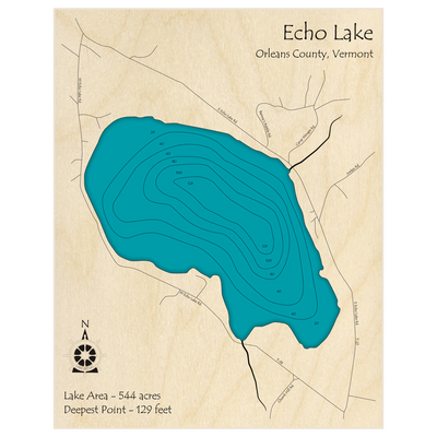 Bathymetric topo map of Echo Lake with roads, towns and depths noted in blue water