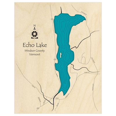 Bathymetric topo map of Echo Lake  with roads, towns and depths noted in blue water