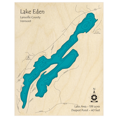 Bathymetric topo map of Lake Eden with roads, towns and depths noted in blue water