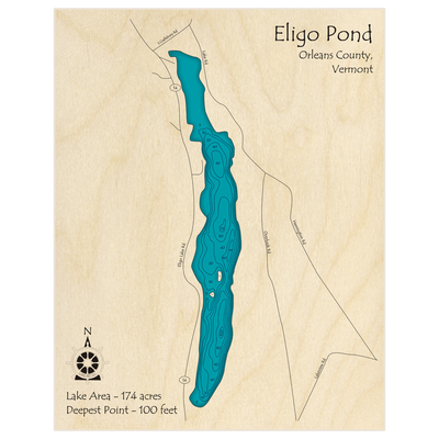 Bathymetric topo map of Eligo Pond with roads, towns and depths noted in blue water