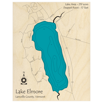 Bathymetric topo map of Lake Elmore with roads, towns and depths noted in blue water