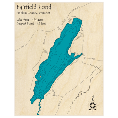 Bathymetric topo map of Fairfield Pond with roads, towns and depths noted in blue water