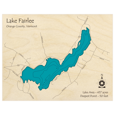 Bathymetric topo map of Lake Fairlee with roads, towns and depths noted in blue water