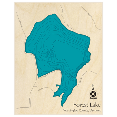 Bathymetric topo map of Forest Lake with roads, towns and depths noted in blue water