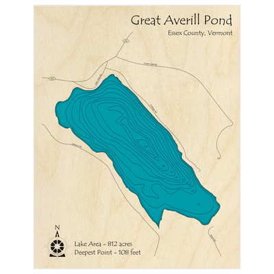 Bathymetric topo map of Great Averill Pond with roads, towns and depths noted in blue water