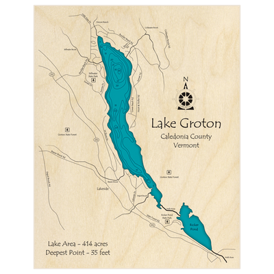 Bathymetric topo map of Lake Groton with roads, towns and depths noted in blue water