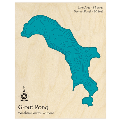 Bathymetric topo map of Grout Pond with roads, towns and depths noted in blue water