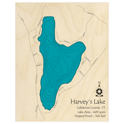 Bathymetric topo map of Harveys Lake with roads, towns and depths noted in blue water