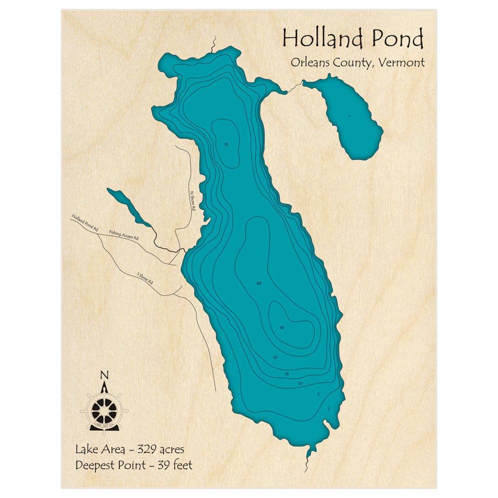 Bathymetric topo map of Holland Pond with roads, towns and depths noted in blue water