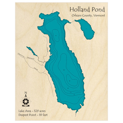 Bathymetric topo map of Holland Pond with roads, towns and depths noted in blue water