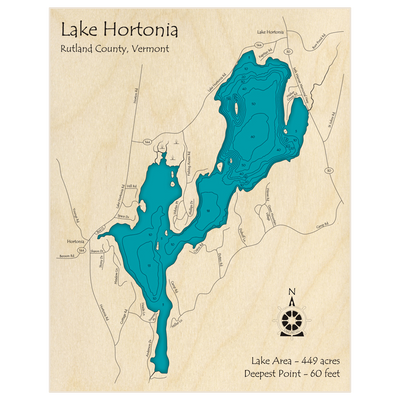 Bathymetric topo map of Lake Hortonia with roads, towns and depths noted in blue water