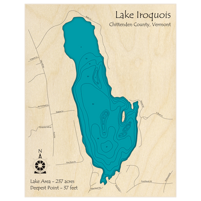 Bathymetric topo map of Lake Iroquois with roads, towns and depths noted in blue water