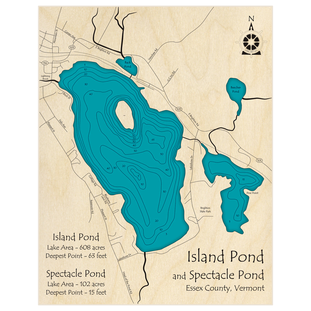 Bathymetric topo map of Island Pond and Spectacle Pond with roads, towns and depths noted in blue water