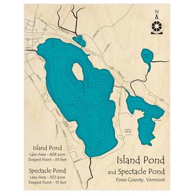 Bathymetric topo map of Island Pond and Spectacle Pond with roads, towns and depths noted in blue water