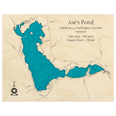 Bathymetric topo map of Joes Pond with roads, towns and depths noted in blue water